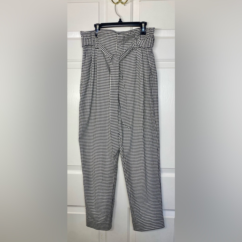 H&M Houndstooth Black White Paper Bag Belted Pants Size 8 - Picture 2 of 4